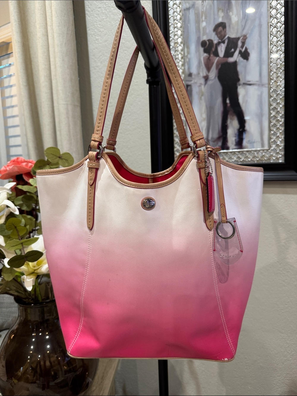 Coach Pink Ombre Leather Tote with Tan Straps